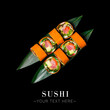 Rice free Japanese sushi roll with fish, lettuce in carrot daikon served on bamboo leaves on black background. Advertising web banner with text space

