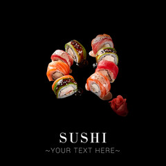 Wall Mural - Rainbow Japanese sushi roll advertising banner. Asian Seafood dish isolated on black background. Copy space image. Text space
