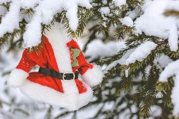 Wall Mural - Santa Claus costumes hanging on snowy Christmas tree. Unusual decoration for traditional Christmas tree. New year, Christmas background.