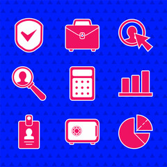 Poster - Set Calculator, Safe, Pie chart infographic, Identification badge, Magnifying glass for search people, User of man business suit and Shield with check mark icon. Vector