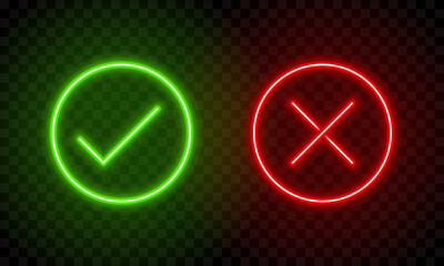 Check mark and cross mark in neon style. Green tick and red cross check marks. Retro signs with glowing neon. Vector illustration