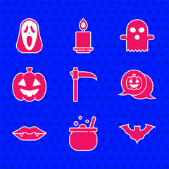 Wall Mural - Set Scythe, Halloween witch cauldron, Flying bat, Pumpkin, Vampire teeth, Ghost and Funny and scary ghost mask icon. Vector