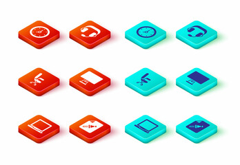 Poster - Set Laptop, Note paper with push button, Office chair, Computer monitor, Headphones and Clock icon. Vector