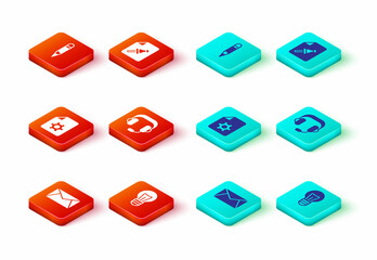 Poster - Set Mail and e-mail, Light bulb, Document settings, Headphones, Note paper with push button and Pencil icon. Vector