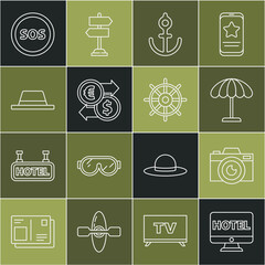 Poster - Set line Online hotel booking, Photo camera, Sun protective umbrella for beach, Anchor, Money exchange, Man hat with ribbon, Location SOS and Ship steering wheel icon. Vector