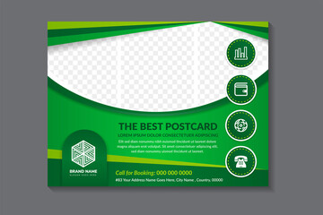 Poster - the best postcard flyer template design. horizontal banner design template with white background. curve border shape for space of photo collage. multicolored green elements design.