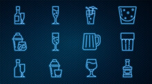 Set Line Whiskey Bottle, Glass With Water, Cocktail, Of Champagne, Shaker, Champagne And Glass, Wooden Beer Mug And Icon. Vector