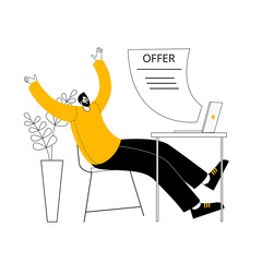 Aufkleber - The man rejoices at the job offer that has come. Vector illustration in the outline style on the topic of job search.