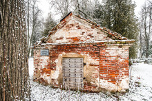 An Old, Historic, Abandoned Red Brick Chapel With A Cellar, Barbele, Latvia