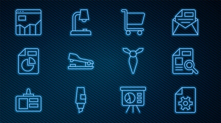 Poster - Set line Document settings, with graph chart, Shopping cart, Stapler, Graph infographic, Tie and Table lamp icon. Vector