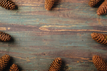 Poster - Christmas pine tree fir with pine cone decoration on vintage rustic wood table background