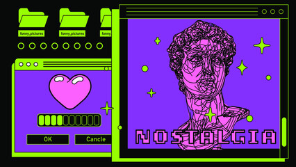 Leinwandbilder - Retro computer interface with many open tabs and window boxes and 3D low poly model of bust sculpture. Vaporwave style vector illustration.