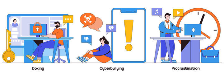 Poster - doxing, cyberbullying, procrastination concept with tiny people. online privacy violation, internet 