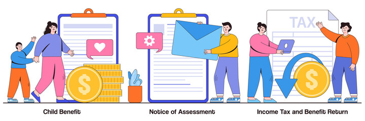 Poster - Child benefit, notice of assessment, income tax and benefit return concept with tiny people. Taxation and assessment abstract vector illustration set. Social security payment metaphor