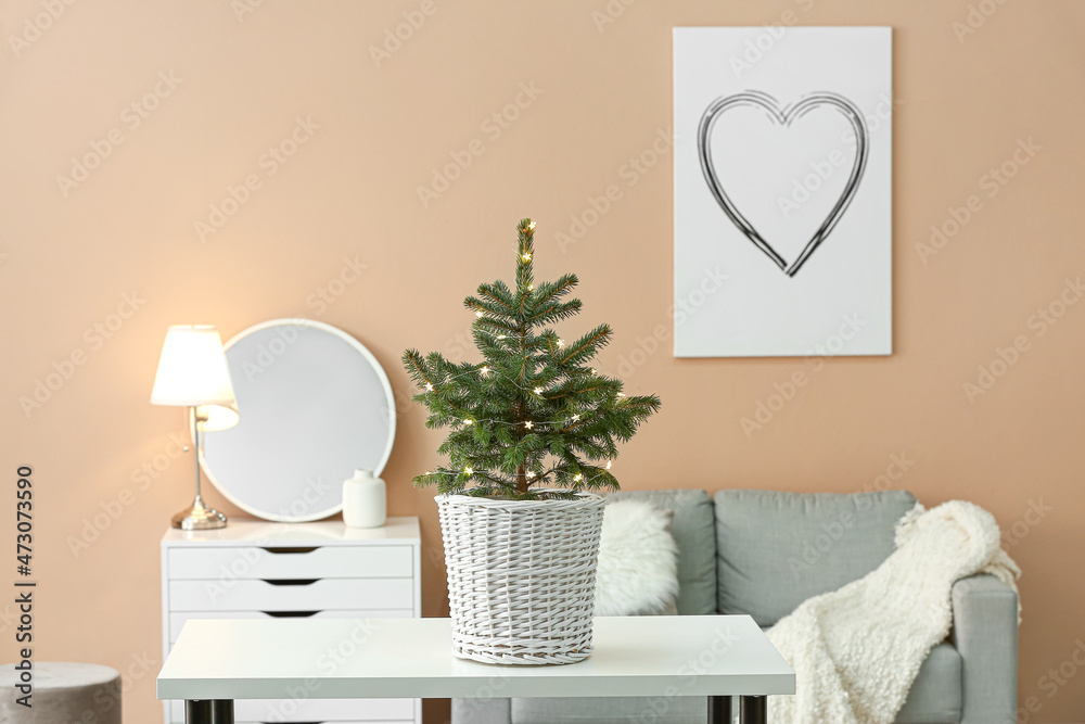 Beautiful Christmas tree in pot on table indoors