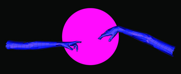 Aufkleber - Vector 3D model of hands going to touch together, reminiscent of Michelangelo's artwork. Cyberpunk and vaporwave style art collage.