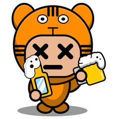 vector cartoon character cute predatory tiger animal mascot costume holding beer bottle