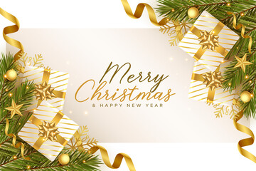 lovely merry christmas golden and white realistic greeting design