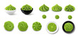 Set of wasabi portions in various shapes, paste in bowls isolated on white background. Top and side view. Realistic vector illustration.
