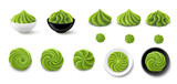 Fototapeta  - Set of wasabi portions in various shapes, paste in bowls isolated on white background. Top and side view. Realistic vector illustration.