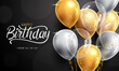 © Zeinous - Birthday elegant balloons vector design. Happy birthday text with gold gray balloon and confetti in black background for birth day celebration messages card. Vector illustration.