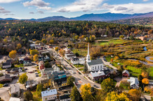 Aerial View Of Small Charming Ski Town Of Stowe, Vermont