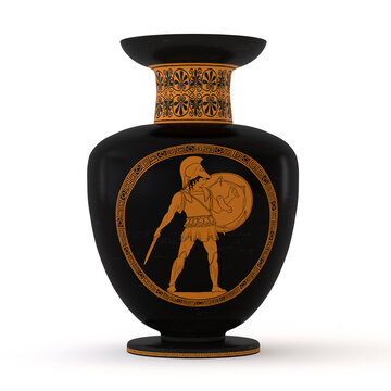 antique ancient greek wine vase with meander pattern and ornament isolated on white background.