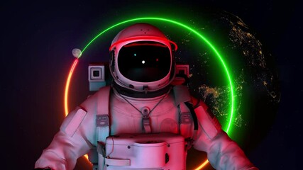 Wall Mural - astronaut in search of new planets in space. neon glowing lights. space background. seamless loop. e