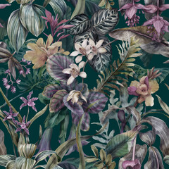 tropical seamless pattern with exotic flowers. floral background with leaves and flowers