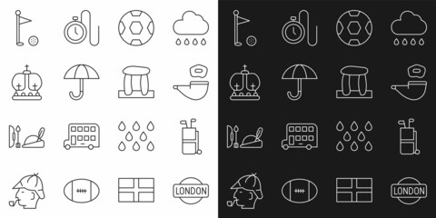 Canvas Print - Set line London sign, Golf bag with clubs, Smoking pipe, Football ball, Umbrella, British crown, flag and Stonehenge icon. Vector