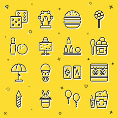 Poster - Set line Popcorn in box and glass, Shooting gallery, Ice cream bowl, Burger, Magic ball on table, Bowling pin, Game dice and Bottles icon. Vector