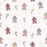 Fototapeta Dziecięca - Christmas background with happy cookies and candies. Seamless pattern. Vector