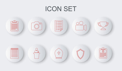 Sticker - Set line Clinical record, Notebook, Document, Shield, Clipboard with document, Photo camera, Speaker and Pope hat icon. Vector