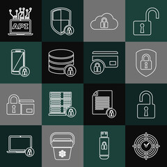 Poster - Set line Time Management, Open padlock, Shield security with, Cloud computing, Server, Smartphone, Computer api interface and Credit card icon. Vector