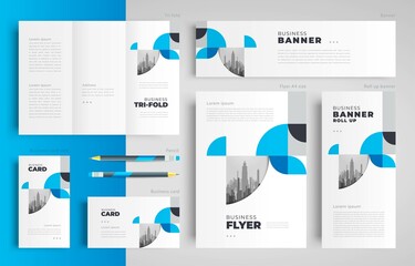 Wall Mural - Blue color circles geometric theme Set flyer cover, tri-fold, banner, roll up banner, business card