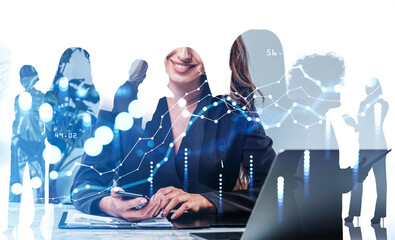 Poster - Businesswoman typing on the laptop, people and graph chart with candlesticks