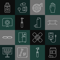 Sticker - Set line Medicine bottle and pills, IV bag, Medical protective mask, Surgery lamp, Tooth drill, Nurse hat with cross, Organ container and Inhaler icon. Vector