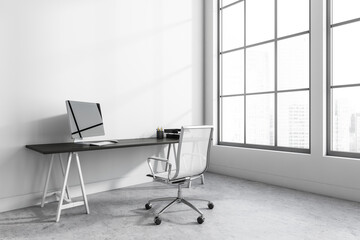 Poster - White business room interior with seat and table with pc near window, mockup