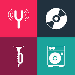 Sticker - Set pop art Guitar amplifier, Trumpet, Vinyl disk and Musical tuning fork icon. Vector