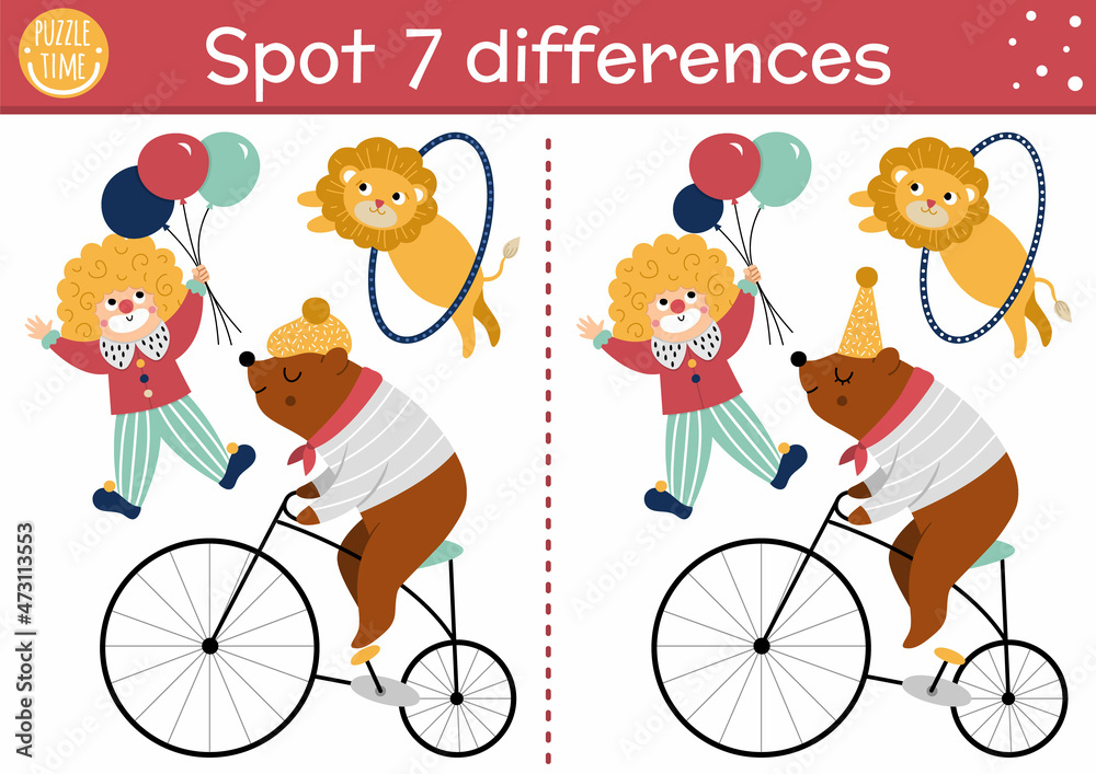 Circus find differences game for children. Educational activity with ...