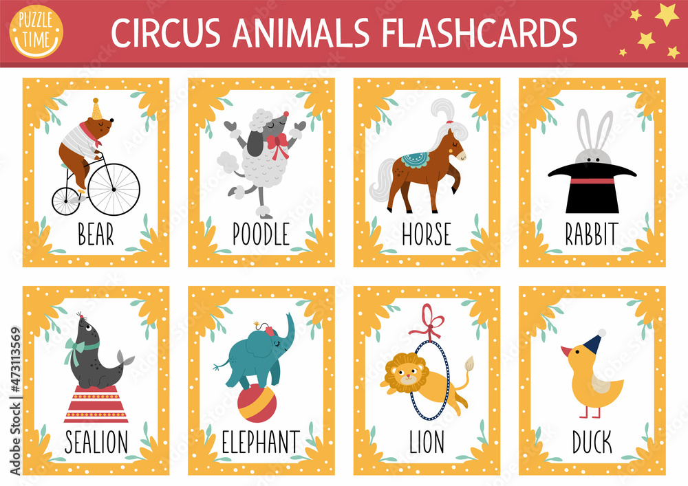 Vector circus animals flash cards set. English language game with cute lion, elephant, bear for kids. Amusement show flashcards with stage performers. Simple educational printable worksheet. Stock Vector | Adobe Stock vector-circus-animals-flash-cards-set-english-language-game-with-cute-lion-elephant-bear-for-kids-amusement-show-flashcards-with-stage-performers-simple-educational-printable-worksheet-stock-vector-adobe-stock