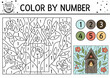 Vector spring color by number activity with chick in a birdhouse. Easter holiday coloring and counting game with cute bird. Funny coloration page for kids with nestling box, leaves, flowers
