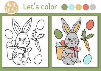 Wall Mural - Easter coloring page for children. Funny bunny with basket, colored eggs, carrot. Vector holiday outline illustration with cute animal. Adorable spring color book for kids with colored example