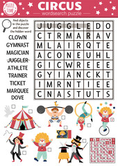 Wall Mural - Vector circus wordsearch puzzle for kids. Simple amusement crossword with funny performers for children. Activity with clown, marquee, magician, athlete. FAunfair cross word