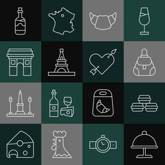 Poster - Set line Covered with tray, Macaron cookie, Handbag, Croissant, Eiffel tower, Triumphal Arch, Bottles of wine and Amour heart arrow icon. Vector