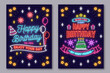 Happy Birthday to you. Enjoy your Day neon sign. Card, flyers, poster with bunch of balloons and birthday hat. Vector. Neon design for birthday celebration emblem. Night neon signboard.
