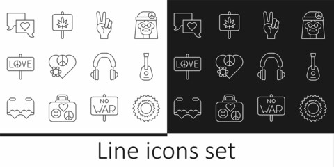 Canvas Print - Set line Sun, Guitar, Peace symbol, Love peace, Speech bubble chat, Headphones and Marijuana icon. Vector