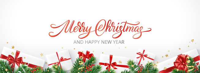 Wall Mural - Christmas banner with decorated fir tree branches and presents on white background. Gift boxes with red ribbons. Merry Christmas text. For New Year and winter holiday cards, headers, gift certificates