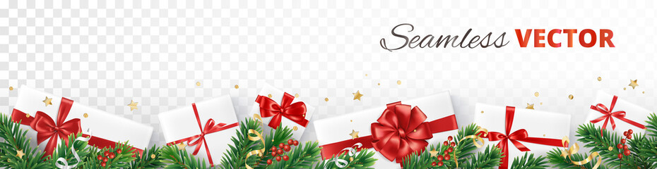 Wall Mural - Christmas holiday decoration, seamless vector. Realistic fir tree branches and presents on white background. Gift boxes with red ribbons. New Year frame, border. For cards, party posters, sale banners