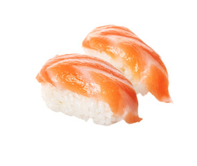  Two salmon sushi nigiri isolated on white background